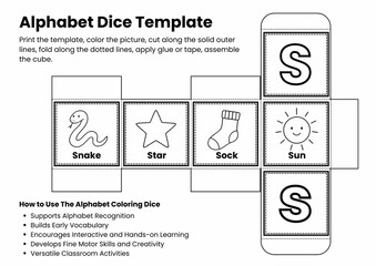 ABC Alphabet Coloring Dice Template for Kids, Printable Letter Recognition & Vocabulary Game, Fun Early Literacy Activity, Back to school Activity