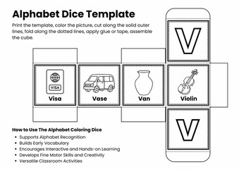ABC Alphabet Coloring Dice Template for Kids, Printable Letter Recognition & Vocabulary Game, Fun Early Literacy Activity, Back to school Activity