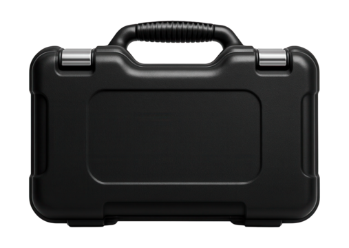 Molded plastic carrying case with snap locks for transporting an angle grinder to different job sites.