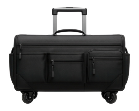 Rolling fabric tool bag with telescopic handle and multiple pockets for holding a variety of power tools in a professional setting.