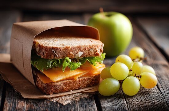 Packed lunch sandwich with cheese, apple, and grapes