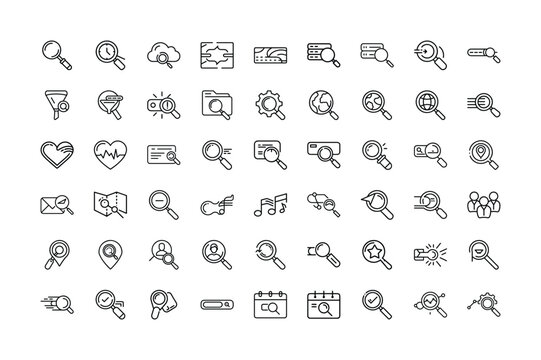 Search and Discovery Line Icons Set Magnifying Glass and Related Symbols