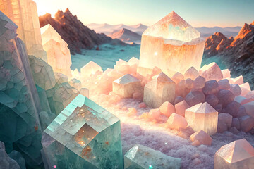 Quartz crystal cubes in pastel hues with geometric natural texture and shine