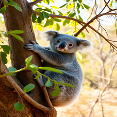 Fototapeta premium Adorable Curious Koala Joey Clinging to Eucalyptus Tree in Australian Bushland on a Sunny Day