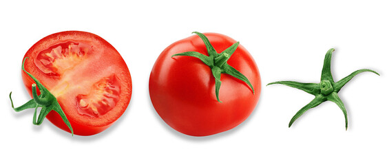 fresh tomatoes, whole, half, and stem on transparent background.