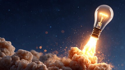 A light bulb launching like a rocket with fiery exhaust against a starry sky, symbolizing innovation and breakthrough, igniting new ideas, startup concept, and future technology.