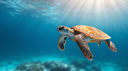 Fototapeta premium Overhead shot of a sea turtle swimming over a vibrant coral reef with its shadow cast on the ocean floor below.