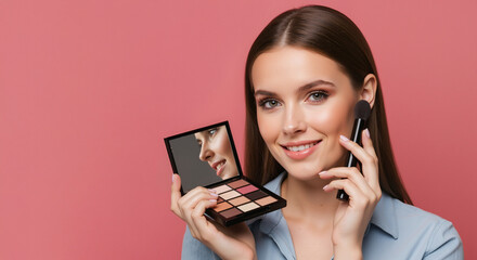Smiling woman applying eyeshadow with a brush, holding a makeup palette with a mirror. Daily beauty routine and cosmetic product use. For makeup tutorials and advertising. Banner with copy space