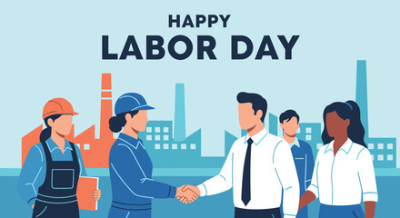Diverse workers in industrial setting celebrate Labor Day with handshakes and unity, honoring hard work and employment.