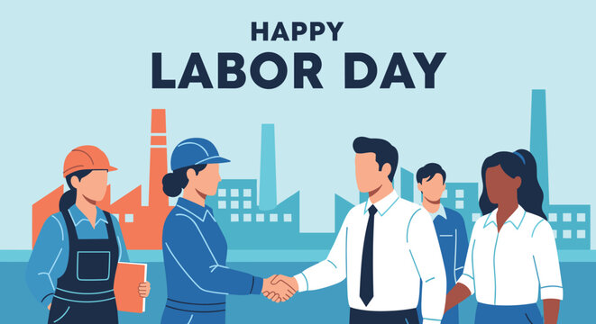 Diverse workers in industrial setting celebrate Labor Day with handshakes and unity, honoring hard work and employment.