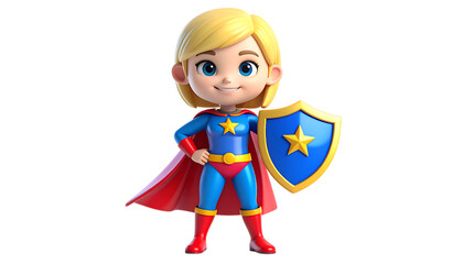 Cartoon girl in superhero costume, cape, and shield, standing confidently.