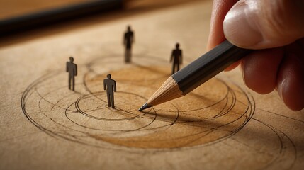 Hand drawing on paper with miniature human figures, strategic planning, community building, human connection design, and organizational structure development.