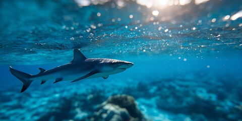 A shark swimming in the deep blue ocean with a coral reef below and sun above. A classic underwater shot for wildlife and nature lovers