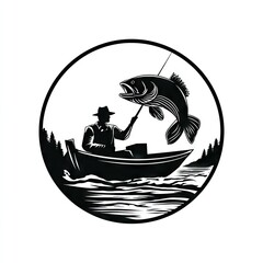 Fisherman in boat, fish on line, vintage style