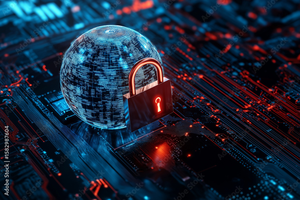 Poster globe with digital padlock over circuit board, dark background. concept of global cybersecurity and 