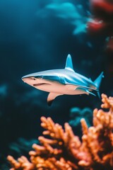 A shark swims in dark blue water past blurred coral. A dramatic underwater scene of a wild animal for nmarine biology themes or thrillers