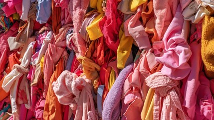 Colorful, crumpled textiles piled high, symbolizing textile waste and recycling, sustainable fashion, environmental impact, and circular economy.