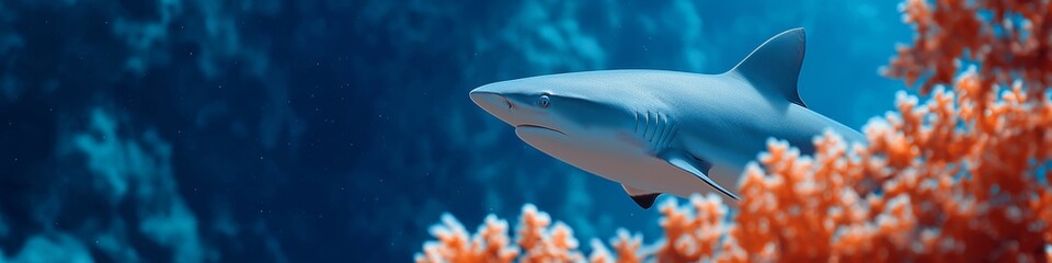 A large shark swims in the deep blue sea near red coral. Underwater wildlife banner with copy space for marine biology themes or aquarium