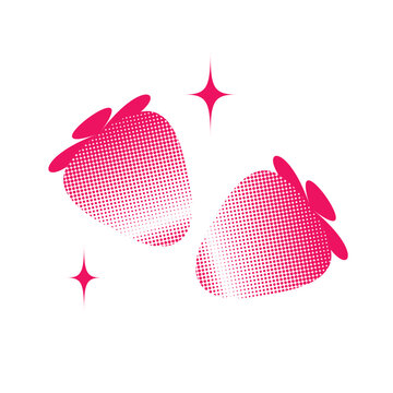 strawberry design in halftone style. two stylized, bright pink shapes resembling strawberries, rendered with a halftone or dotted effect, and accompanied by two sparkling starbursts.
