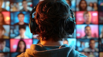 A person with headphones facing a grid of video call screens, virtual communication, online collaboration, remote work technology, and digital connection.