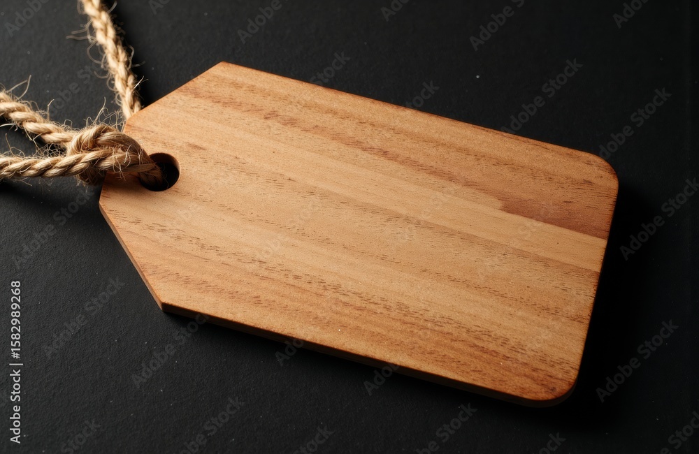Poster plain wooden tag with a rope loop on a dark background, suitable for labeling or branding purposes