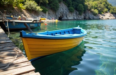 Obraz premium Colorful wooden boat floating near dock on calm water with lush green trees in background