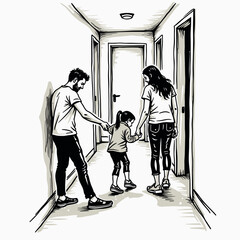 Parents walking with their daughter down a hallway in a home  
