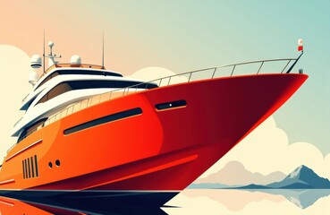 Luxury yacht sailing on calm water with distant mountains in the background