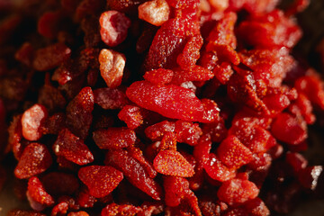 Dried fruit on sale at outdoor farmer market. The fruit shrinks during this process, leaving a small, energy-dense dried fruit. Organic produce. Close up. Part of the series
