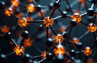 Molecular structure with glowing orange and black spheres connected by rods against dark background