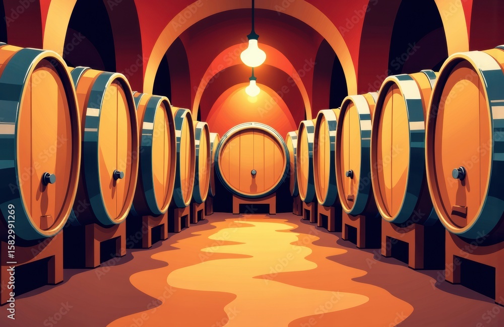 Poster wine barrels lined up in a cellar with warm lighting and a rustic atmosphere, creating a cozy enviro