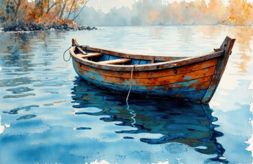 A solitary wooden boat floats on calm water surrounded by autumn trees with colorful foliage