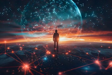 A silhouette of an individual standing on the horizon, surrounded by digital connections and glowing light points representing global connectivity, symbolizing advanced technology as they stand at the