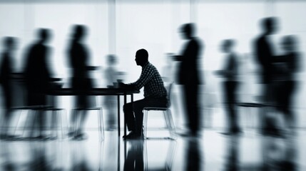 Silhouette of a man sitting at a table amidst blurred figures, representing solitude in a crowd, suitable for business environments, individual focus, and modern office settings.