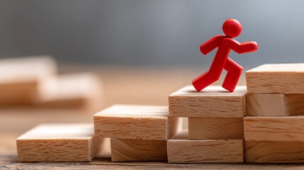 A red human-shaped figure climbing wooden blocks, representing progress and advancement, stepping up, overcoming challenges, and personal growth journey.