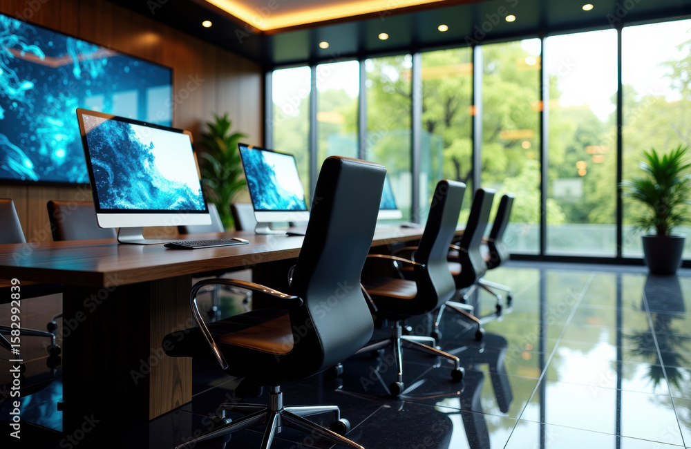 Poster modern conference room with large windows and multiple computer workstations