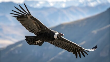 Fototapeta premium Andean Condor Flying with Spread Wings and Colorful Blurred Background