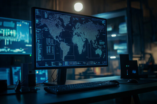 Pan around view of modern computer monitor with world map and various data located on desk in dark room of hacker base