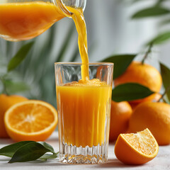 Pouring orange juice into a glass on bright background with some fresh oranges.
