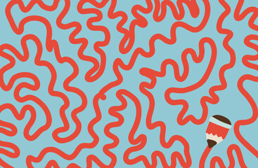 Banner Background Retro Abstract Pattern in 80's 90's Design with Hand-drawn Swirl Wavy Shapes in Red and Blue. Seamless Pop Art Design with Pencil