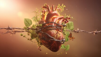 Glowing heart entwined in barbed wire and vines, orbited by symbols of healthy and unhealthy lifestyles