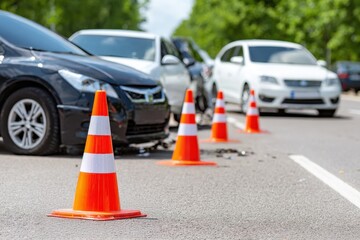 Traffic cones mark off a car accident scene, two damaged vehicles sit behind traffic cones, indicating a recent collision on a road.
