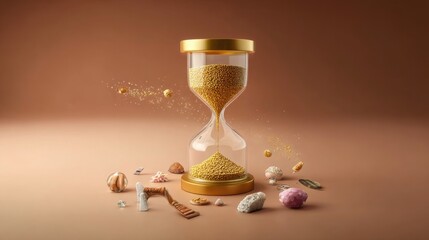 A glowing hourglass with golden sand flowing upwards, surrounded by symbolic objects representing healthy habits against a dawn gradient.