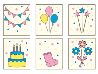 Whimsical birthday party elements illustrated with colorful dots and bunting