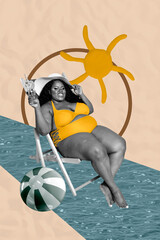 Poster zine image photo art collage of happy fat girl lay longer hold cocktail pool sea water sunny...