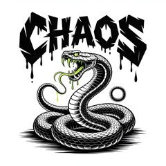 A high-contrast graphic t-shirt design depicting a bold snake emerging under the word “CHAOS” in dripping ink style with black and white visuals.