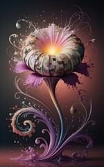  A mesmerizing fantasy digital illustration of an abstract flower blooming with magical swirls, sparkles, and glowing lights on a deep background.