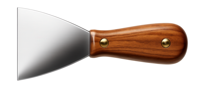 Metal body putty knife with a wooden handle for applying filler in an auto repair shop.