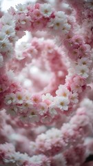 A soft dreamy photograph showcasing a sky view filled with cherry blossom flowers, creating a gentle pink atmospheric floral scene with spring vibes.