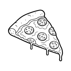 Hand-Drawn Cute Black and White Outline Illustration of a Diagonal Pepperoni Pizza Slice with Thick Crust, Melting Cheese Drip, and Six Round Pepperonis 